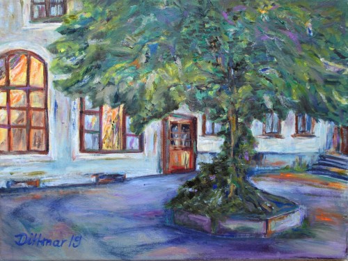 Juniabend im Hof, 2019, 40 x 30, Acryl