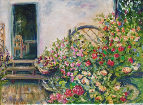 Rosen im Garten, 2020, 40 x 30 cm, Öl 