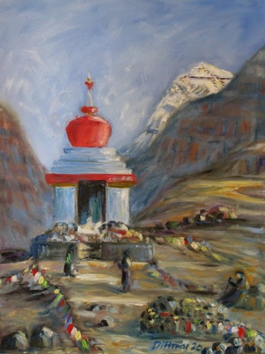 Rote Stupa, 2020, 35 x 46 cm, Öl